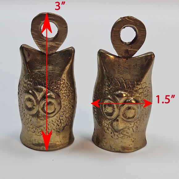 2 Vintage Brass Owl Bells Mid Century dinner bell Boho Bell Hoot Rings - Picture 7 of 7